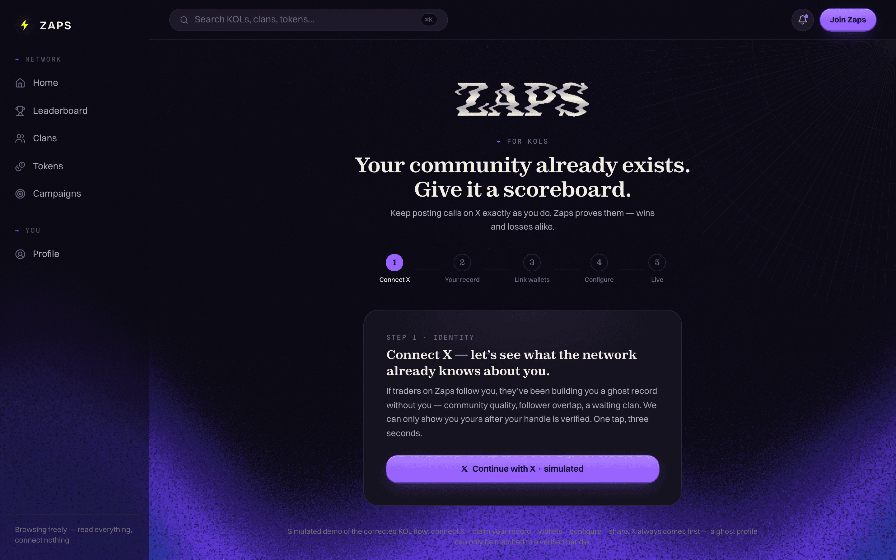 The Zaps create-clan flow for KOLs, starting with Connect X